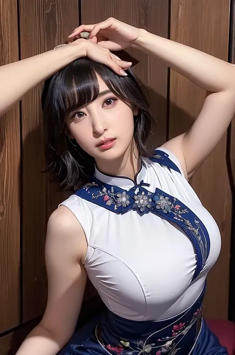 extremely detailed,sharp focus, professional lighting,8k,masterpiece, Highest quality,Ultra-high resolution,Photorealistic,So cute, break,sakura ayane,huge breasts:1.8,hyper detailed face, very detailed lips, Detailed eyes, Realistic pupils,break,Cheongsam...