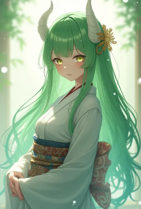 bbkiyo, long hair, green hair, white horns, hair ornament, yellow eyes, white kimono, multicolored kimono, cute, angel, anime, yandere