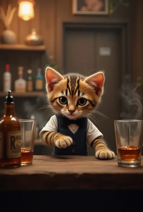  The cutest brown tiger pattern kitten in the world wears bartender clothes and polishes glasses at an old Western-style bar counter、Dim lighting、Realistic、Room where smoke can enter 