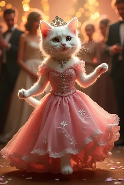 Can you create a white  small cat wearing a heavy gown pink colour and jellwery like biritish bride and dancing a party tezz