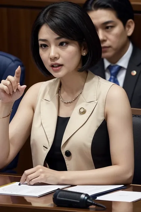 an asian female politician, was photographed sitting at a parliamentary table. On the table was a "Claire" name tag, and a desk microphone. The woman had black hair with a short bob, black eyes, a round face with natural make-up. The woman wore a black sle...