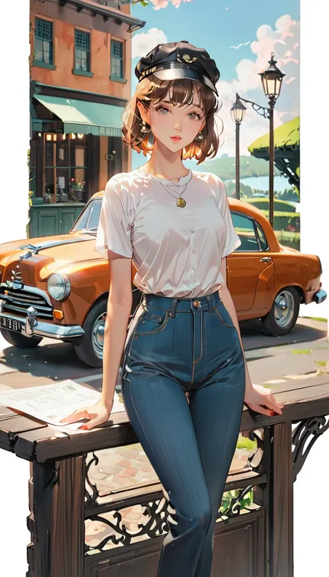 ((( paper cut style))), 1 girl, Short brown long hair, cap, Shirt and denim, Portfolio, Leaning on classic vintage cars