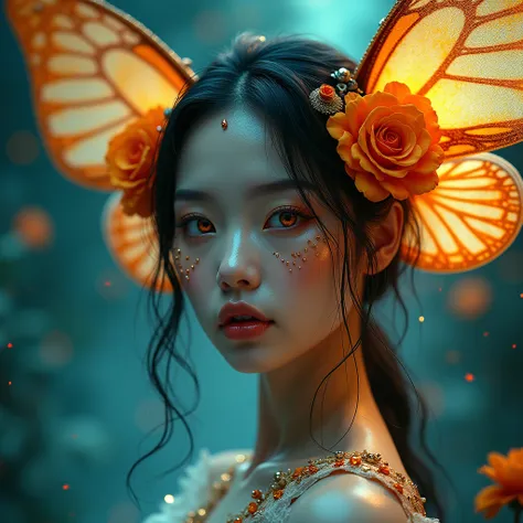 a beautiful korean girl, detailed face scales, large butterfly wings on head, golden rose eye, monochrome lips, wet shiny skin, colorful lighting, high quality, detailed, masterpiece, 8k, photorealistic, fantasy, surreal, intricate details, delicate featur...