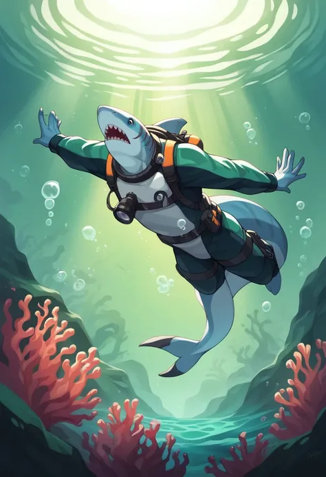 "An intense underwater scene depicting a human diver and a large shark facing each other. The diver, wearing a sleek wetsuit and scuba gear, appears calm and focused, while the shark, a majestic great white with powerful features, glides gracefully through...