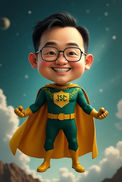 Realistic 4D caricature photo, big head,  of a middle-aged man with an Asian face, 55 years old,  neat short black hair,  wearing clear glasses, wearing a green and yellow superhero costume and there is an "ISC" logo in the middle of his chest, the pose is...