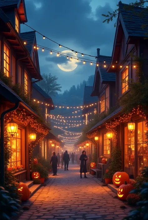 A rural townscape in the evening, decorated with a Halloween party