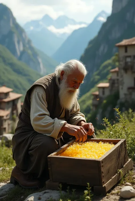 Old mountain village man taking out honey from bee hive