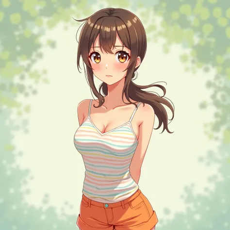 anime illustration, woman, low ponytail, brown hair, brown eyes, sun-kissed complexion, tank top, tiny pink-blue-yellow-white striped pattern on tank top, thin horizontal stripes, orange shorts, proportionate medium sized breasts, round face, pretty, stand...