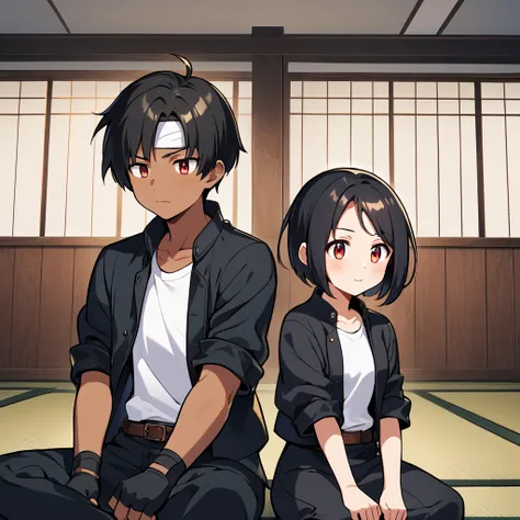 Anime style, farmhouse, couple, two people, and a cute couple with big eyes are sitting on tatami mats in a traditional Japanese house, eyes closed, praying with hopeful expressions. Warm, soft lighting and simple interiors. --9 at:16, man and woman wearin...