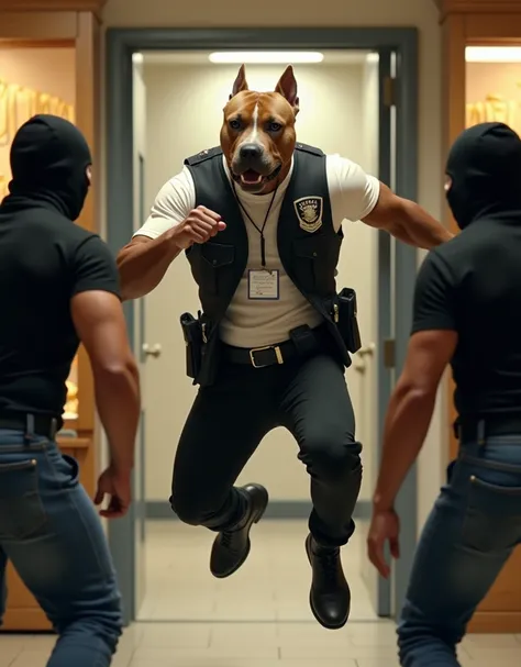  Male headed white pit bull,erect ears,slightly muscular body, wearing a white t-shirt ,wearing a police vest, wearing black trousers ,black shoes, wearing cop id card hanger,Jump Kick Le Direction 2 Man Robbers Wear Black Face Masks,black t-shirt,blue jea...