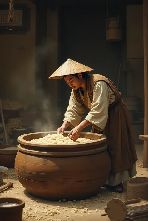 Cai Lun working at a large wooden vat, breaking down the fibers from the materials using water, wearing ancient Chinese work attire.