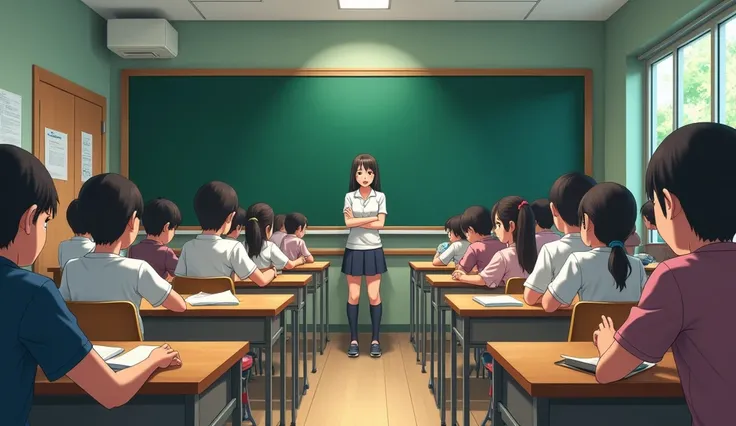 anime, manhwa art, 2D anime, 2D, front view, korean classroom, highschool classroom, dark green board, desks,
