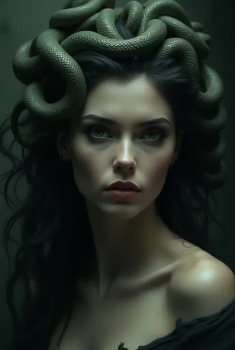 a beautiful detailed woman with snake hair, medusa,detailed snakes on head,beautiful detailed eyes,beautiful detailed lips,extremely detailed eyes and face,longeyelashes,dramatic contrast between beauty and monstrosity,photorealistic,hyper detailed,oil pai...