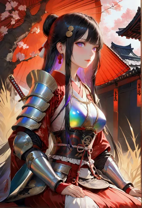 Long smooth straight black hair, inner dark iridescent hair, iridescent eyes,hourglass body figure, sitting in  samurai armour. masterpiece, super detail,detailed eyes, best quality, 8k,realistic