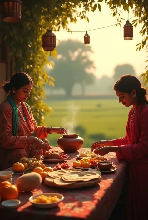 Capture a charming village scene set in an open home during the early morning, where the soft light of dawn gently brightens the surroundings, creating a peaceful ambiance filled with the sounds of chirping birds and rustling leaves. Women in colorful trad...