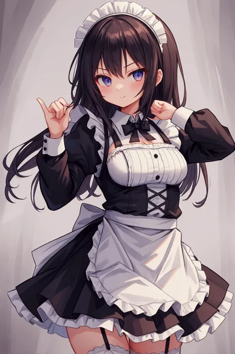 Girl,armed maid 、holster、arms、Pistol、 cool pose、Confident expression、strong、shooting、Maid uniform、 miniskirt 、 garter belt on the background stage、 maid headdress