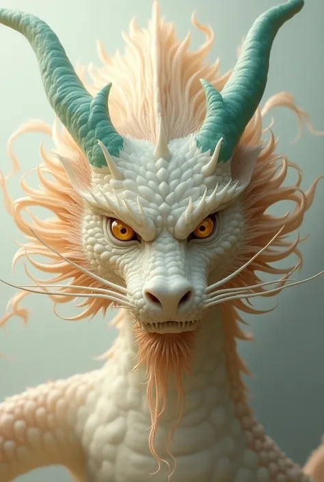 A big white Japanese dragon with golden eyes and long wiskers and a fire like mane and brown hornes that are turquoise at the bottom. It is looking directly at you.