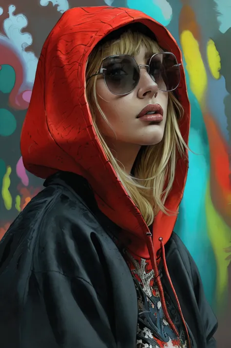 (masterpiece, top quality, best quality, official art, beautiful and aesthetic:1.2), (1girl), extreme detailed, (fractal art:1.3), colorful, highest detailed, perfect face, upper body, HDR, vibrant colors, A blonde girl wearing an oversized dark red hoodie...