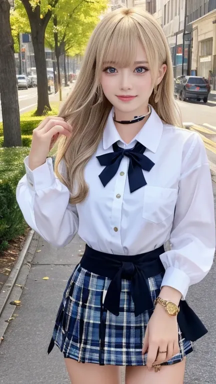 masterpiece, whole body, one girl, bangs, (checkered blue mini skirt:1.3), black  choker, (black tie:1.4), (blonde hair:1.1), br...