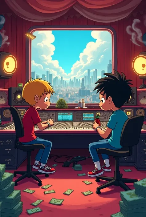 "In a high-quality 3D DreamWorks art style, inspired by a fusion of Adventure Time and Fire Force, create a vibrant, panoramic 4K scene of Gon and his best friend from Hunter x Hunter recording their latest album at Universal Records 100-track studio. The ...