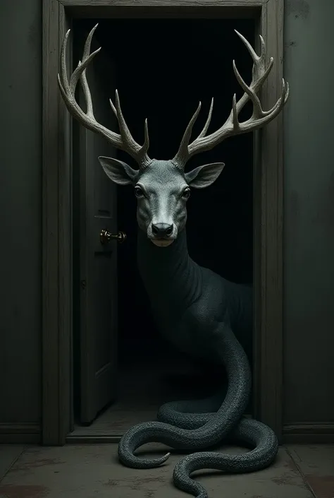 Deer head on snake coming out of a door