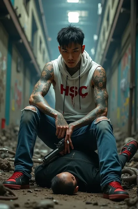 A very realistic and gritty photo of a very handsome Korean man with short, trendy hair, with a serious expression. He was tattooed and wearing a white T-shirt that said "HSC," a blood-stained sleeveless hoodie, red and black sneakers and ripped jeans. The...