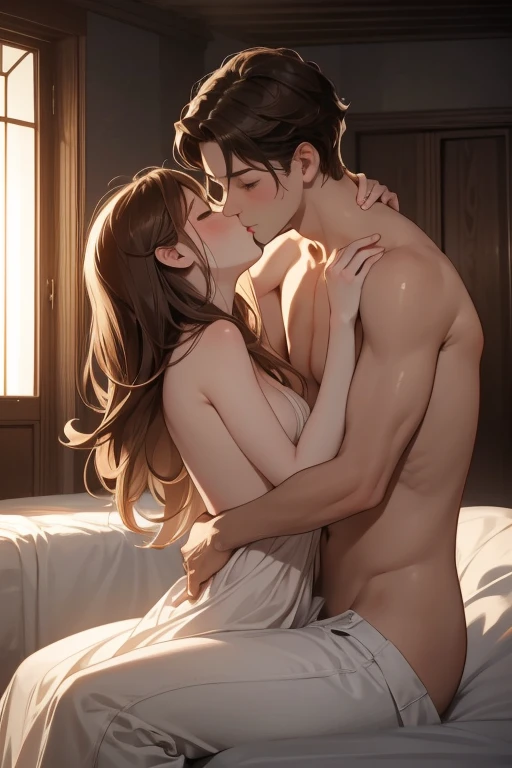 Conceptual Art,Love theme,illustration,1 boy,1 girl,kiss,Hetero,Brown hair,Close your eyes,topless male,shy,ผมlong,sit,  Undress, Show your body ,pair,Indoor,Medium hair,cloudy,Put your hand on someone else. . &#39;shoulder.,Beautiful figure,Put your hand ...