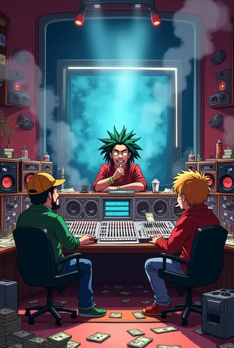 "In a high-quality 3D DreamWorks art style, inspired by a fusion of Adventure Time and Fire Force, create a vibrant, panoramic 4K scene of Hunter x Hunter the anime recording their latest album at Universal Records 100-track studio. The scene is colorful a...