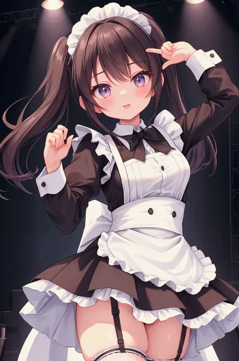 Girl,Maid、 cool pose、Confident expression、strong、Maid服、 miniskirt 、 garter belt on the background stage、Maidのヘッドドレス、skirt lift、panties