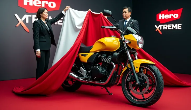 A photorealistic image of a yellow Hero Xtreme 200S being unveiled at a bike show, a man and woman in business attire are pulling away a red and white cloth revealing the bike, the Hero Xtreme logo is visible in the background,  8k resolution, cinematic li...