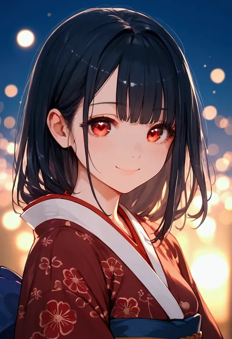 No. 3, close up, masterpiece, Best Quality, Bokeh, cute,  score_9, score_8_up, score_7_up,最high quality,detailed, One Girl, Ghost Girl, Red eyes, kimono, smile, Cute, masterpiece, Best Quality, high quality, ultra detailed