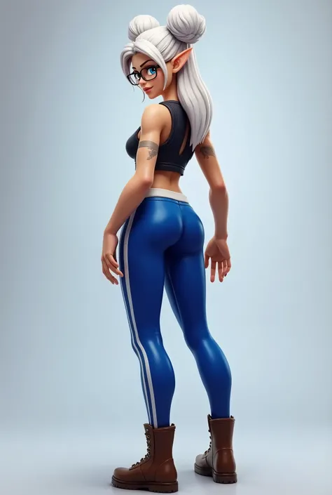 Fortnite girl with pointy ears, thick thighs,  thin waist with blue eyes with white hair tied double, wearing glasses, brown boots, sexy leggings top with royal blue stripe , Full body back pose