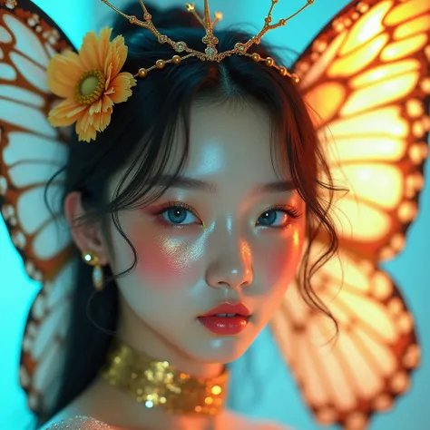  Very beautiful Korean girl , colirful face,  accessories on her face with many colorful ,  scales and with large butterfly wings on her head white and gold,  with an eye made of big rose gold , lip without makeup ,  very shiny wet skin ,  very light blue ...