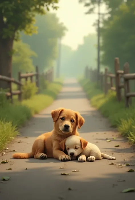 A dog and a puppy in a road sitting 