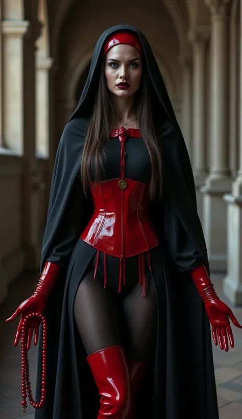 ANGELINA JOLIE, nonne, latex brilliant, longue robe nonne latex noir, cornette latex rouge, black latex cap, corset latex rouge, red vinyl over the knee boots heel, Lunettes fines,  glossy black lips, stern evil face, regarde evil méchant, chapelet rouge b...