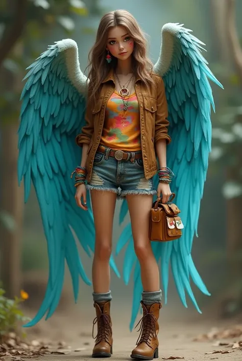 
Height: 1, 60
 I have big wings with vibrant blue feathers
FEATURES: ,  smooth brown hair that hits the knees ,  shiny hazel eyes
CLOTHING : shorts,  pantyhose with itchy stripes in pastel and white tones ,  shirt with an animation print ,  aviator leathe...