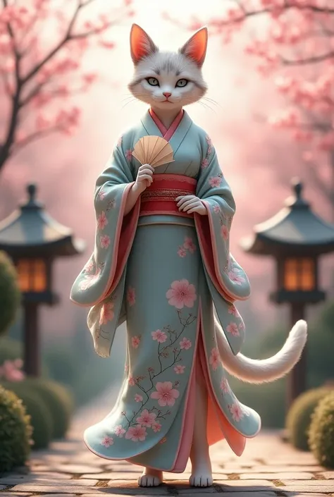 Beautiful female kinda graceful humanoid cat with sleek silver and cream fur, wearing a flowing silk kimono adorned with cherry blossom and crane patterns. The kimono shimmers in soft light with indigo and pastel hues, and a bold crimson obi. The cat holds...