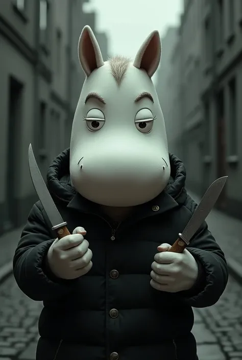 Moomin, quite relaxed gang member with his eyes closed, holding a knife menacingly with both hands. 