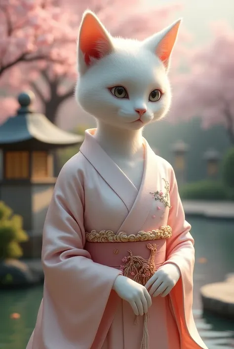 Beautiful female kinda graceful humanoid cat with sleek silver and cream fur, wearing a flowing silk kimono adorned with cherry blossom and crane patterns. The kimono shimmers in soft light with indigo and pastel hues, and a bold crimson obi. The cat holds...