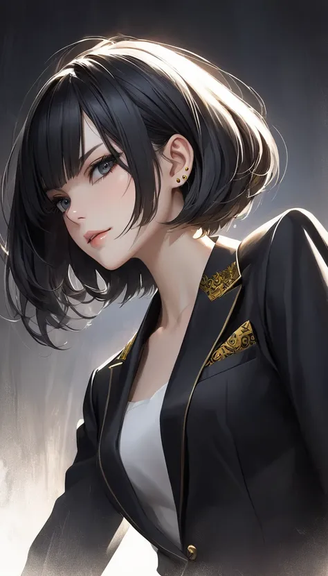 A close-up view of a semi-realistic anime-style woman, aged 22, with short, sleek black hair in a sharp bob that grazes just below her jawline. She has a cool fair skin tone with a bluish undertone and piercing black eyes. Her eyes are almond-shaped, uptur...