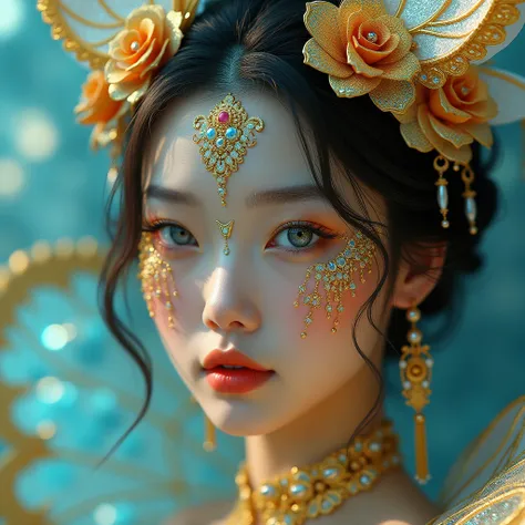 a beautiful korean girl, colorful face, facial accessories with many colorful scales, large butterfly wings on the head in white and gold, a large golden rose eye, bare lips, very shiny wet skin, very clear light blue eyes, colorful lighting, (best quality...