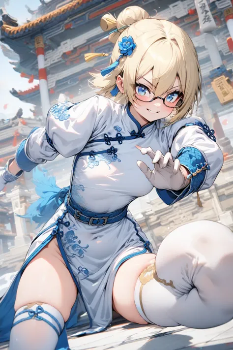 masterpiece, best quality, ultra detailed 8k, extremely detailed eyes, cute girl, 17yo, (blonde hair, (very short hair), hairs between eyes), blue eyes, glasses, smile, slender body, (stand in a low stance, arms outstretched), 
BREAK 
(Kung Fu girl, white ...