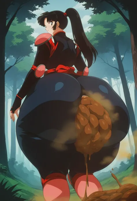 Highest quality, High Resolution, 1 girl, score_9, score_8_up, score_7_up, source_anime, inuyashasango, sango, long hair, black hair, brown eyes, retro artstyle, ponytail, armor, bodysuit, pilot suit, outdoors, forest, nature, ass, hyper ass, huge ass big ...