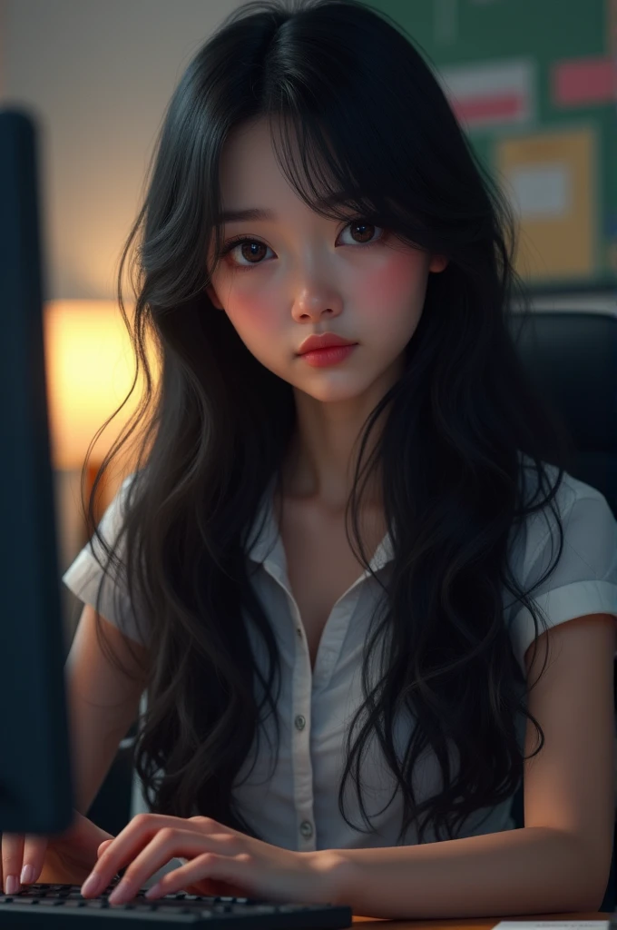 a beautiful girl with long black  hair, detailed eyes, nose, and lips, wearing  professional outfit, siting in her office, using her computer, age 15,hp comuter (best quality,4k,8k,highres,masterpiece:1.2),ultra-detailed,(realistic,photorealistic,photo-rea...