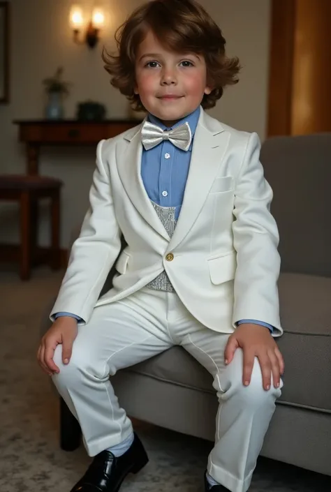 Photograph of a seven-year-old boy,Sitting and wearing very elegant black patent leather shoes      , Get up off the couch, brown blonde hair, brown eyes and white skin. The boy was wearing a white tuxedo      ,  Tie the white tie with blue stripes with a ...