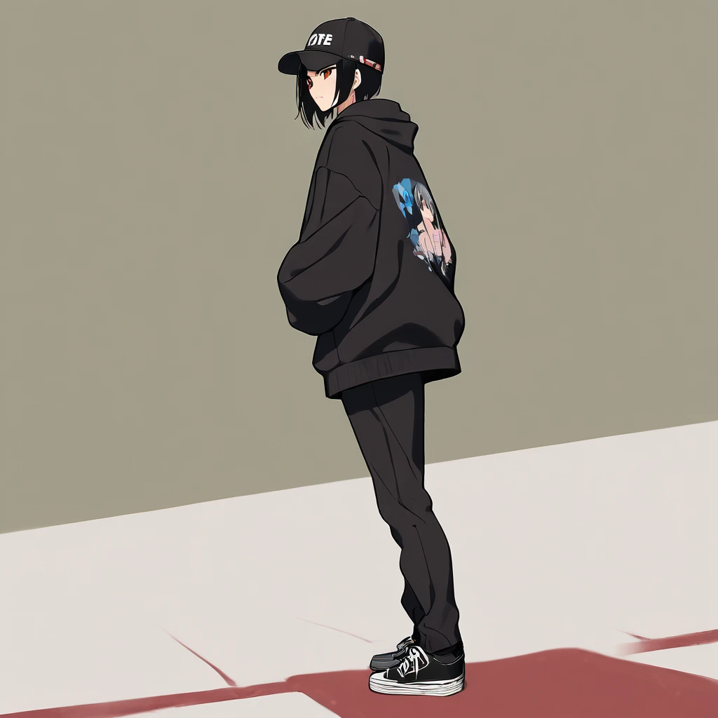 One woman ((skateboarder,black hoodie)) background,(driving range,concrete) woman wearing hat and cap,skateboarding,( black hair ,shorthair,red eyes,super shine) animation style,general view wind blowing low angle