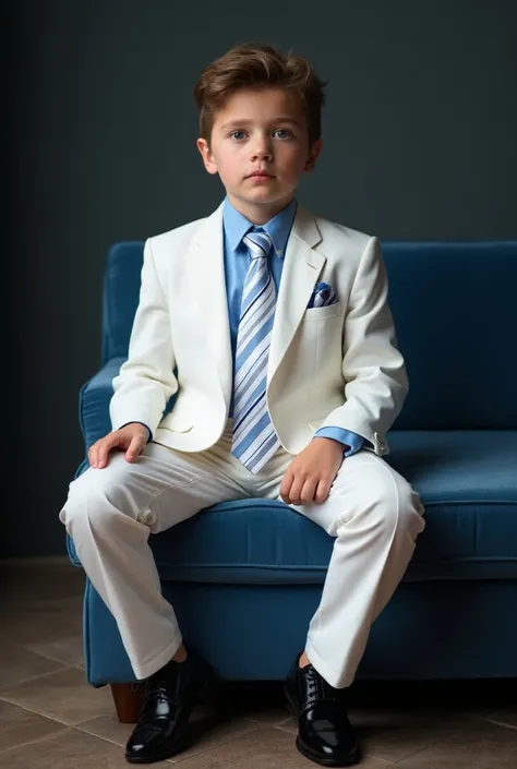 Photograph of a seven-year-old boy,Sitting and wearing very elegant black patent leather shoes      , Get up off the couch, brown blonde hair, brown eyes and white skin. The boy was wearing an esmoquin blanco     ,  Tie the white tie with blue stripes with...