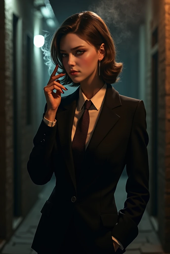 Young woman, mafia, black classic suit, European, pipe smoking, dark night, alleyway, chic look, dark brown tweed cigarette, brown tie