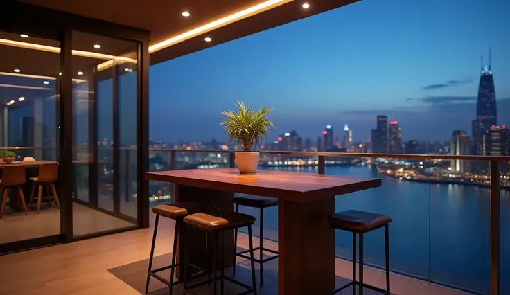 The image captures a sophisticated modern balcony at dusk, seamlessly blending a serene indoor space with a bustling urban waterfront view. Central to the scene is a sleek, bar-style table crafted from dark, polished wood, with a smooth, reflective surface...