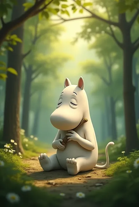 Tender Moomin without clothes quite relaxed with his eyes closed holding a knife with both hands in the middle of the forest 